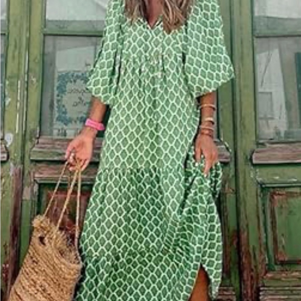 Amazon Green Printed Tiered Maxi Dress with Tie Neck